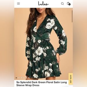 So Splendid Dark Green Floral Satin Long Sleeve Wrap Dress
